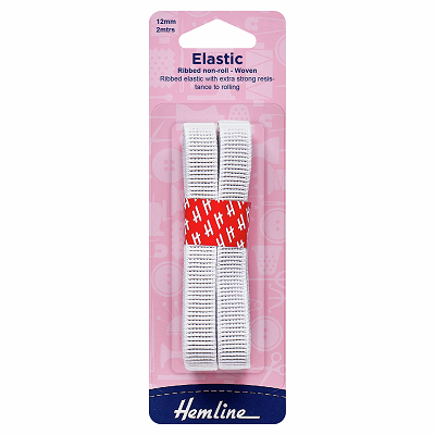 H635.12 Non-Roll Ribbed Elastic: 2m x 12mm: White..